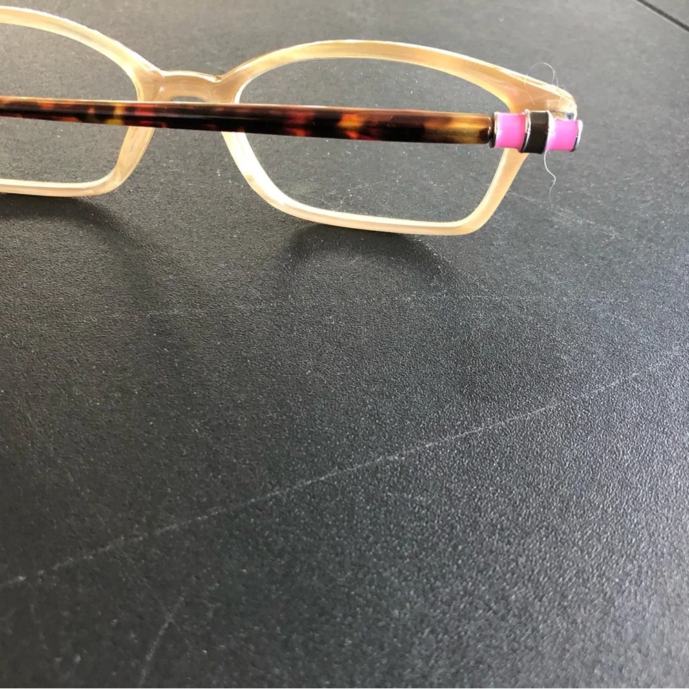 Prescription Lilly Pulitzer brown and pink eyeglass frames with matching case